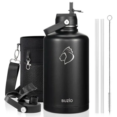 Buzio Duet Series Water Bottle with 2 Lids and Sleeve 2.5L - Black